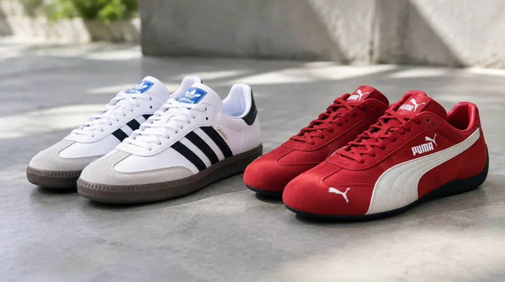 Кеды adidas Samba и кроссовки PUMA Speedcat на бетонном полу