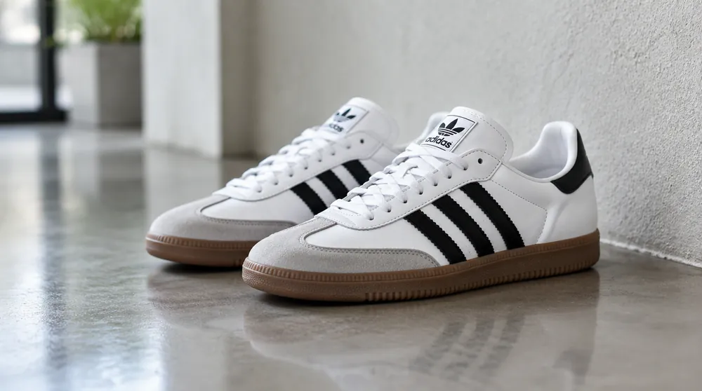43 размер ноги: белые кроссовки adidas Samba с чёрными полосками и коричневой подошвой у стены