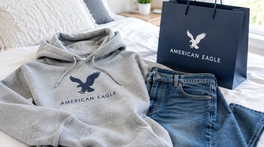 Худи American Eagle, джинсы и пакет American Eagle на кровати