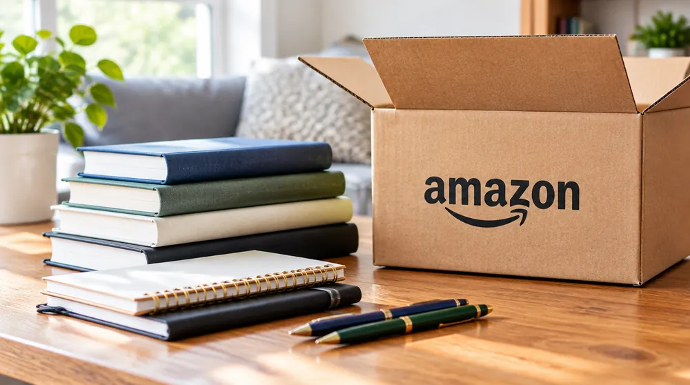 Стопка книг в твёрдой обложке и канцелярия рядом с открытой коробкой Amazon