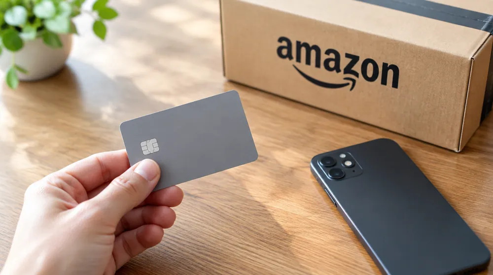 Банковская карта в руке, смартфон и коробка Amazon на столе