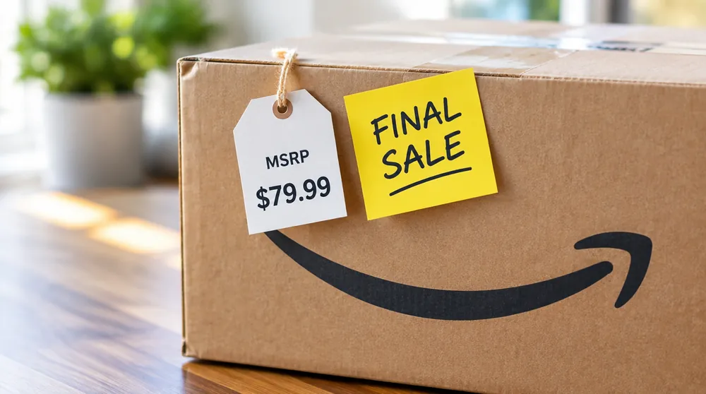 Ценник MSRP и стикер FINAL SALE на коробке Amazon