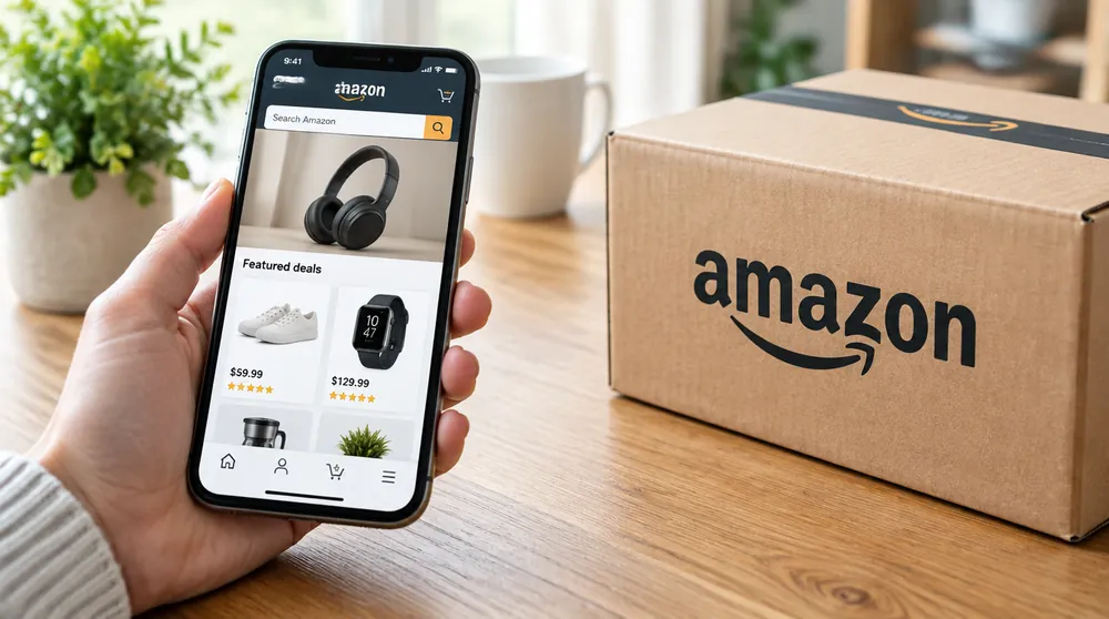 Смартфон с открытым магазином и коробка Amazon на деревянном столе