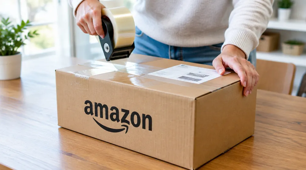 Человек заклеивает коробку Amazon с этикеткой возврата
