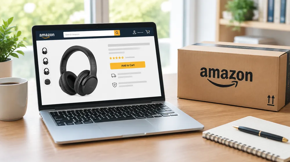 Ноутбук со страницей товара и коробка Amazon на столе: проверка продавца перед выкупом