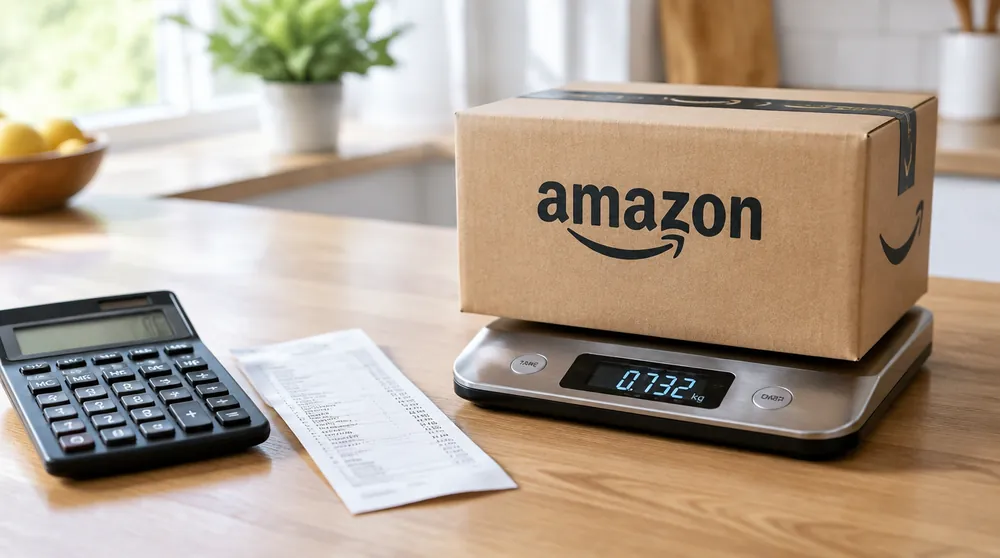 Калькулятор, чек и коробка Amazon на весах