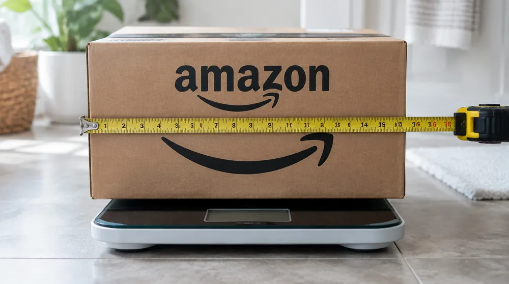 Рулетка на коробке Amazon, стоящей на напольных весах