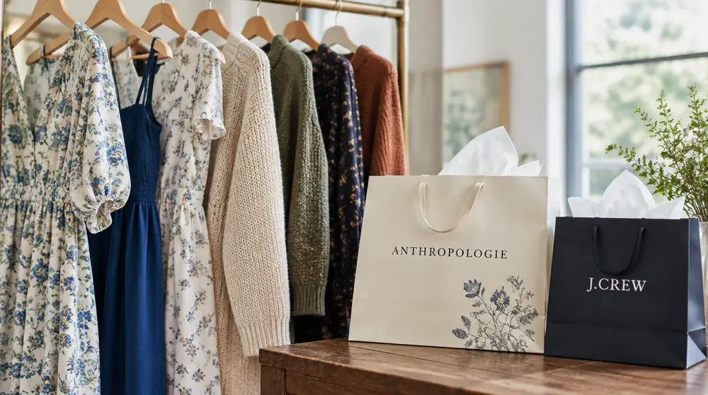 Платья и трикотаж на вешалке рядом с пакетами Anthropologie и J.Crew