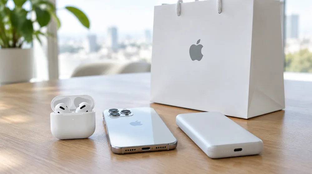 AirPods, iPhone и пауэрбанк рядом с белым пакетом Apple
