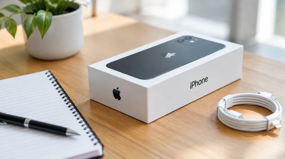 Белая коробка iPhone с логотипом Apple, блокнот и кабель на столе