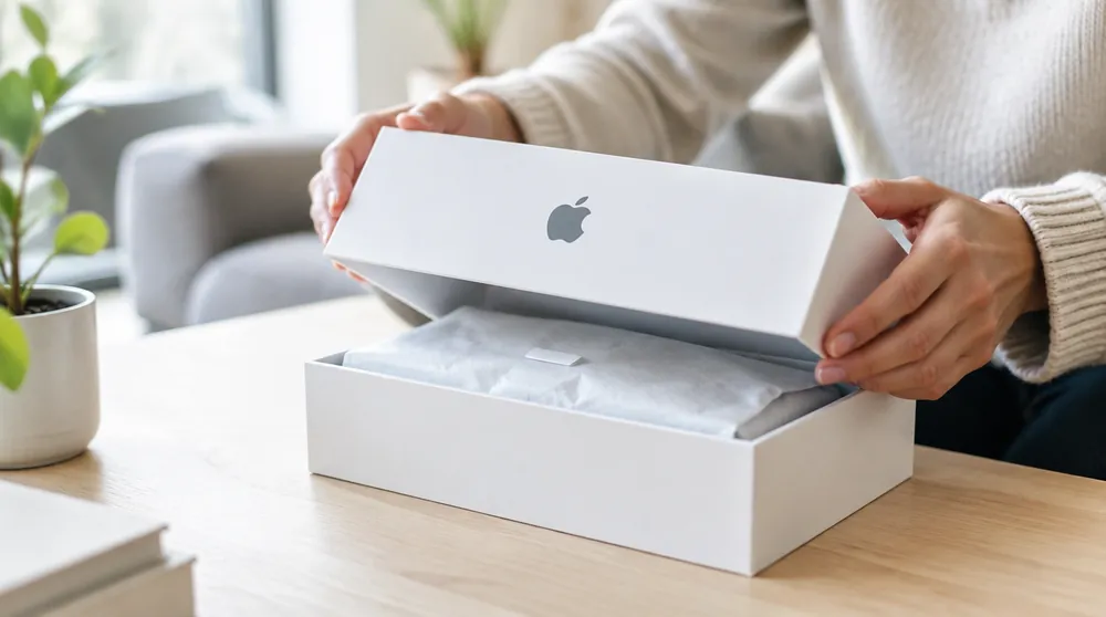 Руки открывают белую коробку Apple на светлом столе