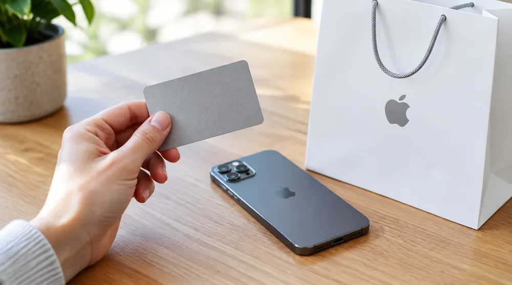 Банковская карта в руке рядом с белым пакетом Apple