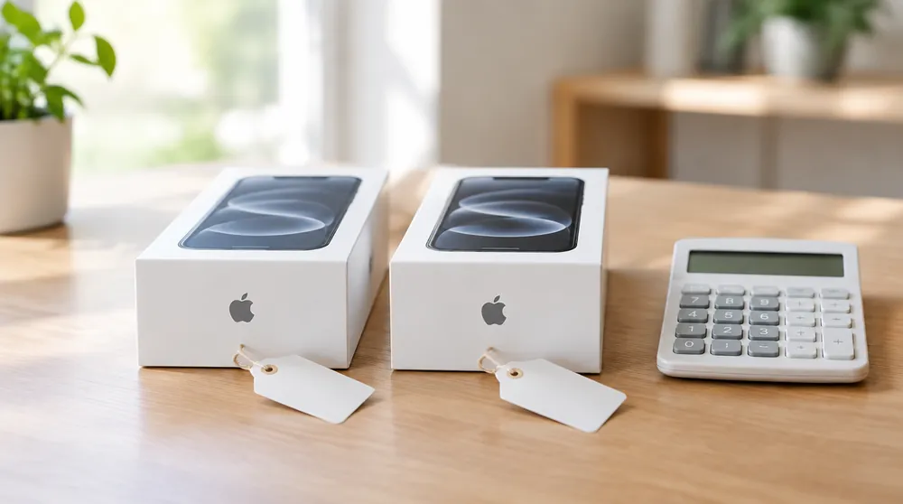 Две одинаковые коробки Apple с пустыми ценниками и калькулятор