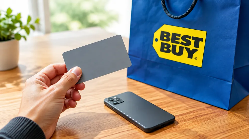 Банковская карта в руке рядом с синим пакетом Best Buy