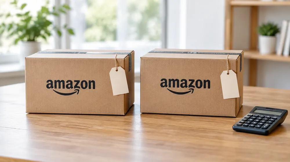 Две коробки Amazon с пустыми ценниками рядом с калькулятором