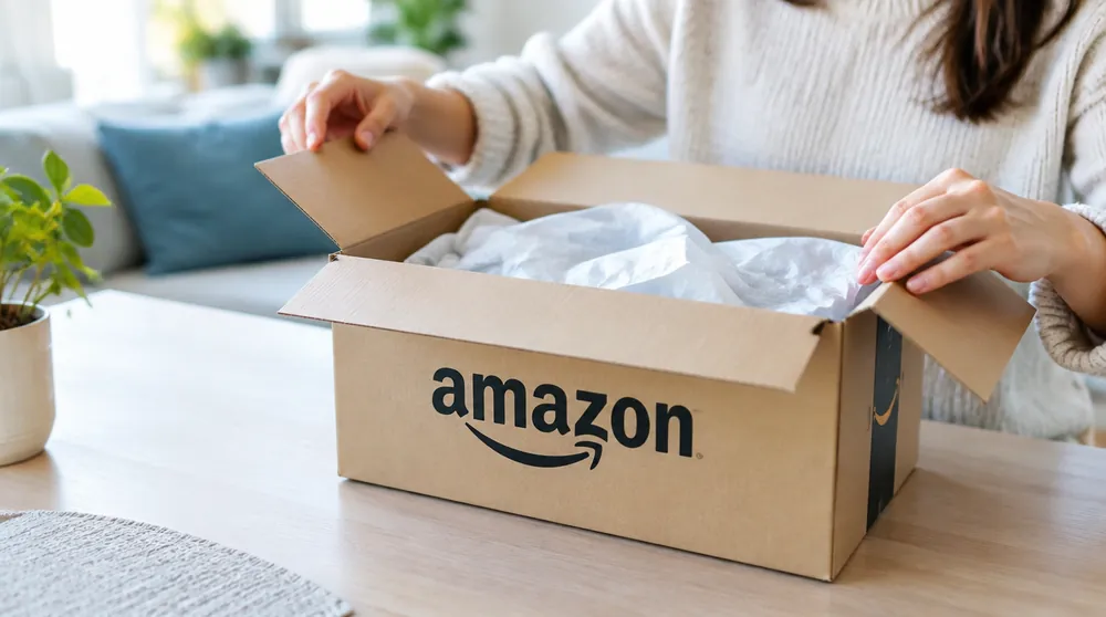 Руки открывают коробку Amazon с покупками с распродажи