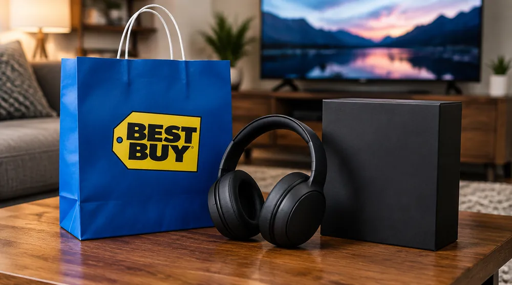 Игровая гарнитура и коробка рядом с синим пакетом Best Buy