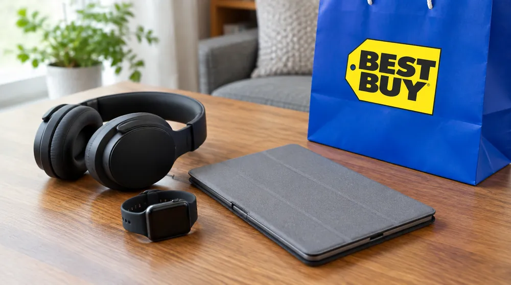 Наушники, смарт-часы и планшет рядом с синим пакетом Best Buy