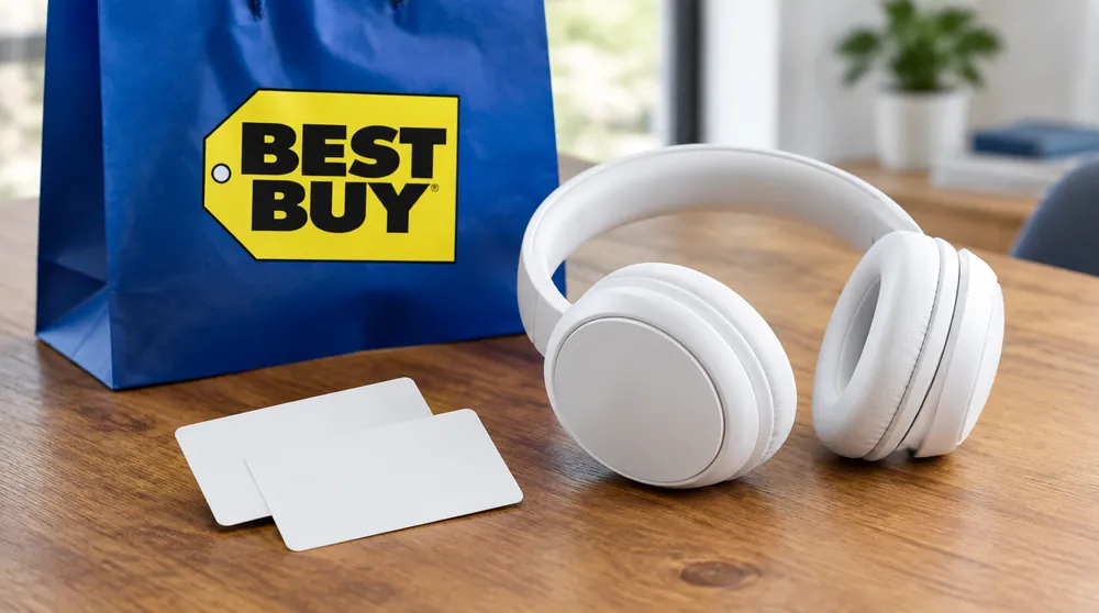 Подарочные карты и наушники рядом с синим пакетом Best Buy