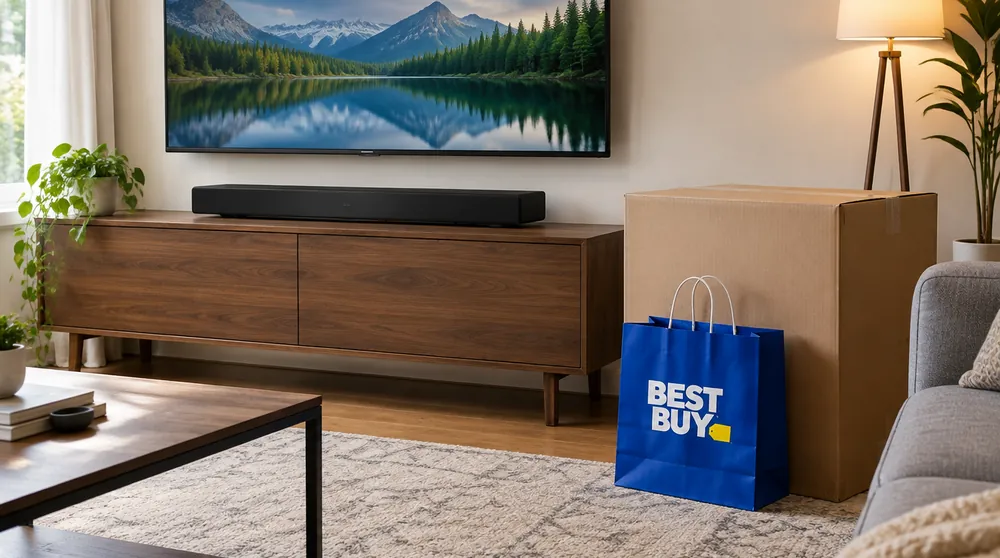 Телевизор и саундбар в гостиной рядом с пакетом Best Buy