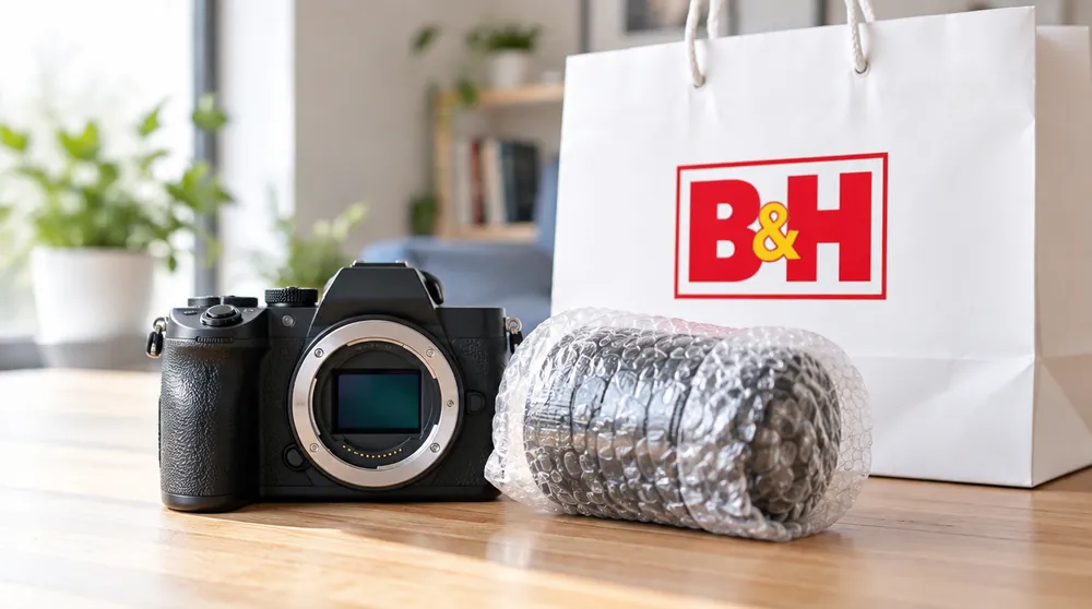 Камера и объектив в пупырчатой плёнке рядом с пакетом B&H