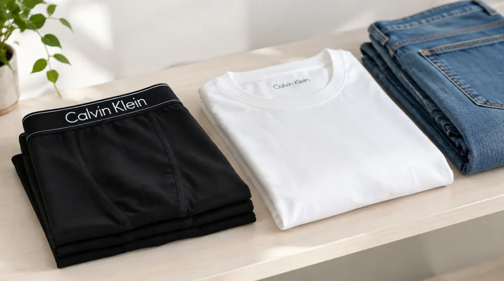 Трусы-боксеры Calvin Klein с фирменной резинкой, белая футболка и джинсы на полке