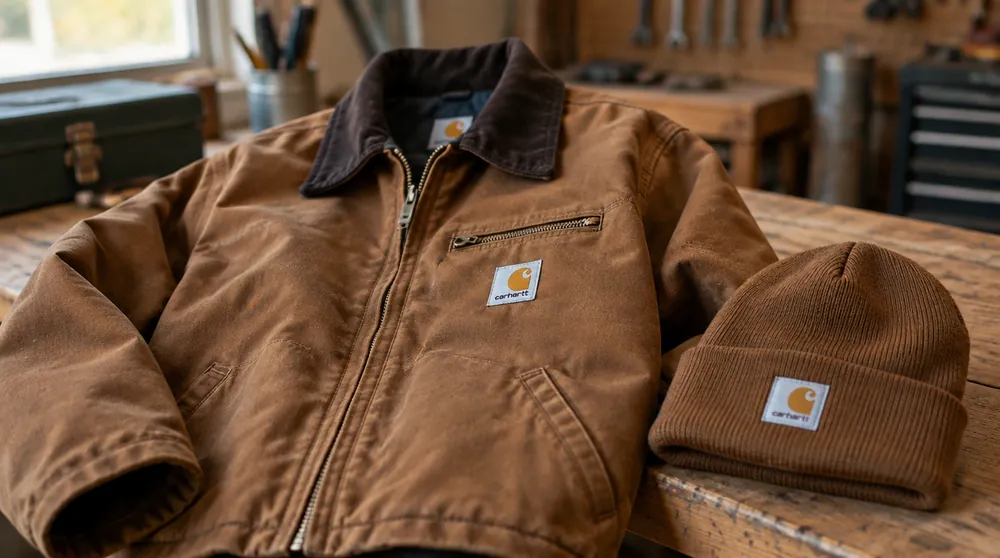 Коричневая рабочая куртка Carhartt с тёмным воротником и вязаная шапка Carhartt на верстаке