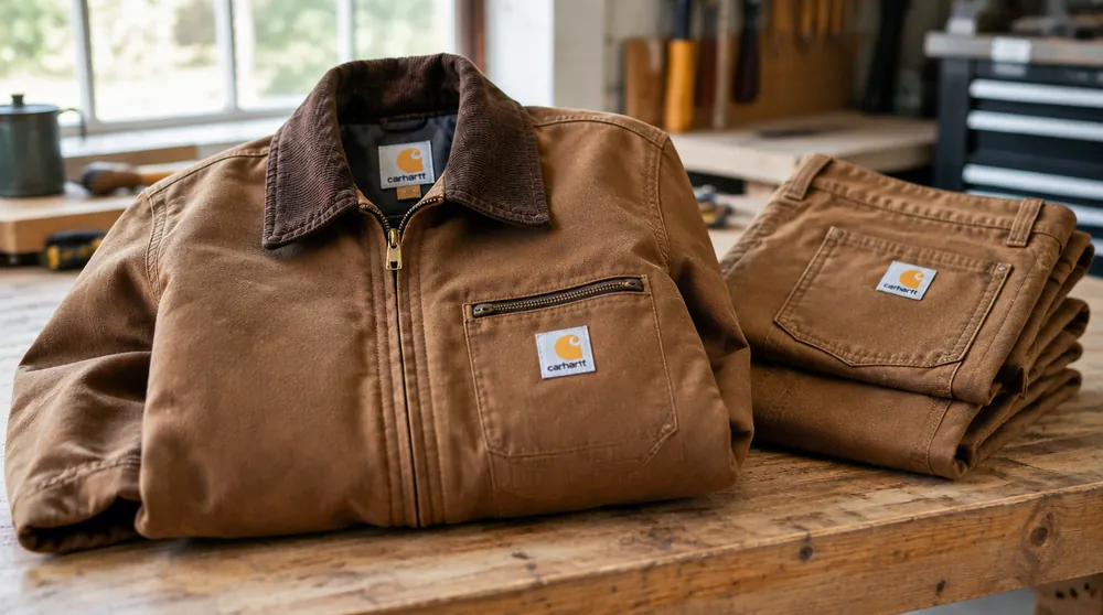 Коричневая рабочая куртка Carhartt с нашивкой и плотные брюки на верстаке