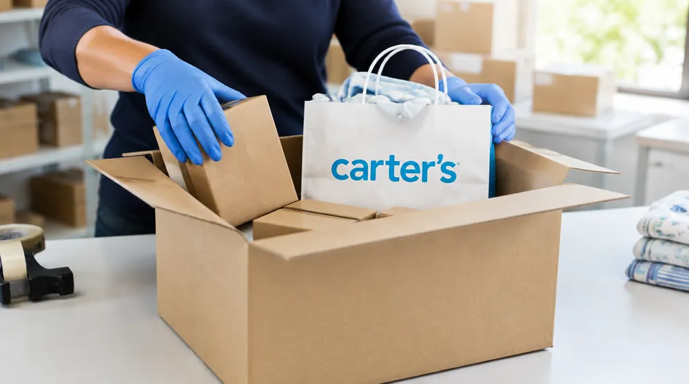 Сотрудник в перчатках собирает покупки Carter’s в одну коробку