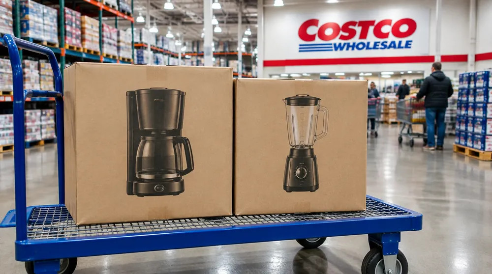 Кофеварка и блендер на тележке в зале Costco Wholesale