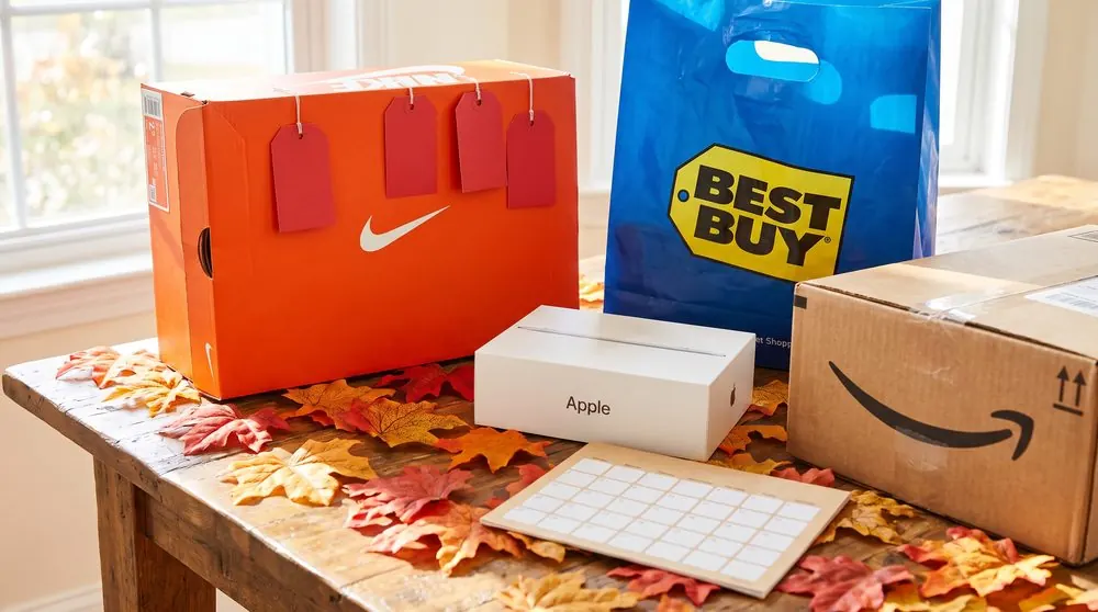 Коробка Nike с ценниками, пакет Best Buy, коробки Apple и Amazon среди осенних листьев