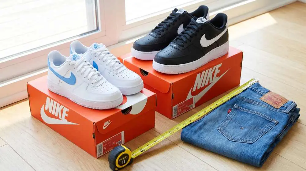 Джинсы Levi’s, рулетка и кроссовки Nike Air Force 1 двух цветов на коробках