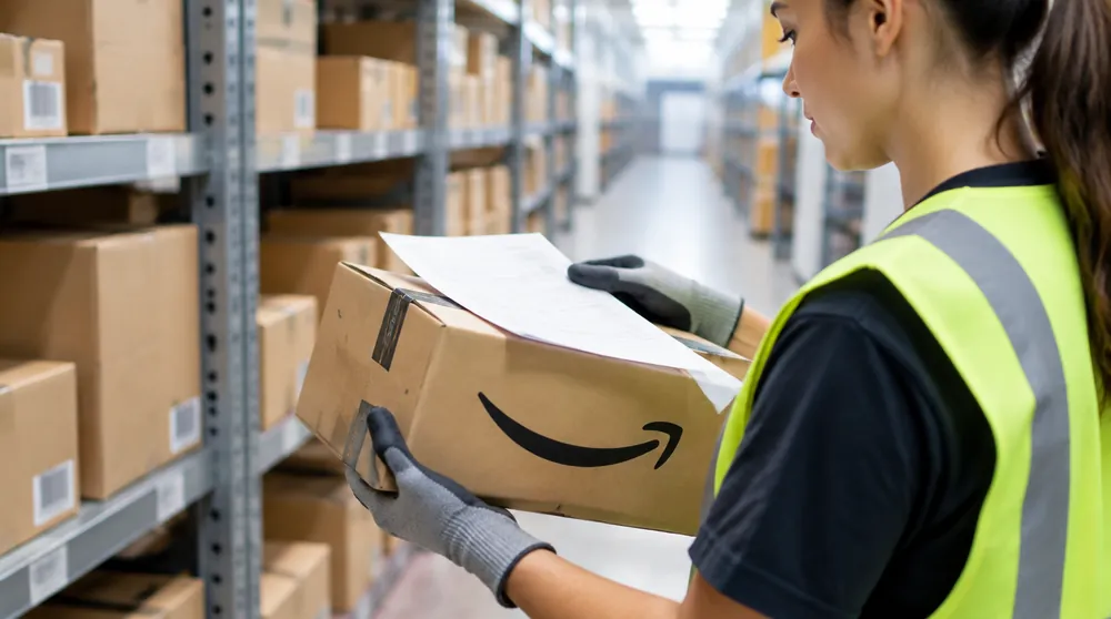 Сотрудник склада держит коробку Amazon с инвойсом сверху