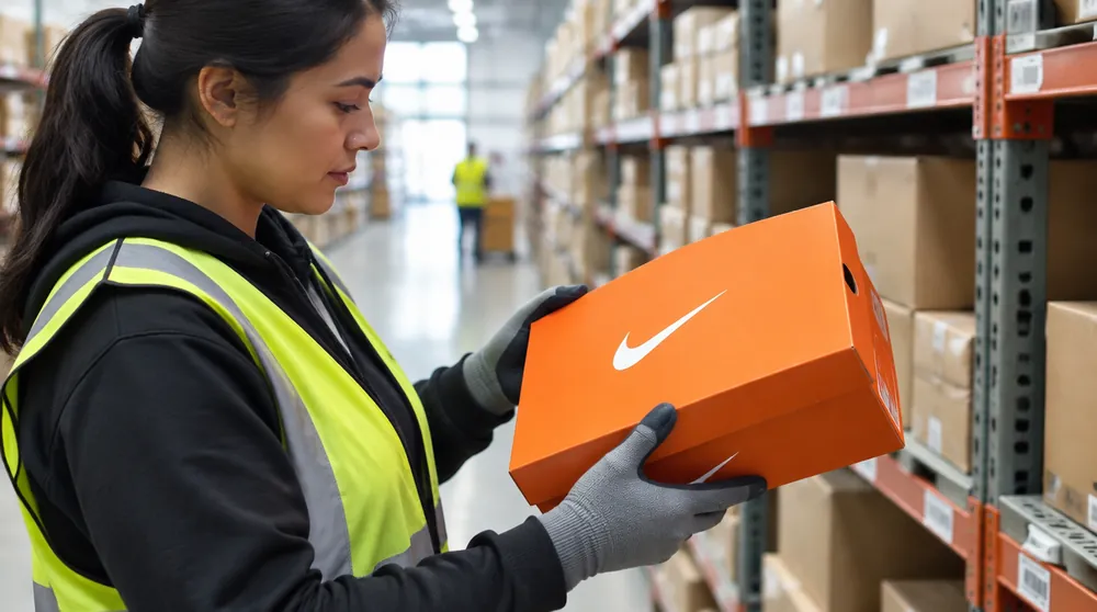 Сотрудник склада в Делавэре держит обувную коробку Nike