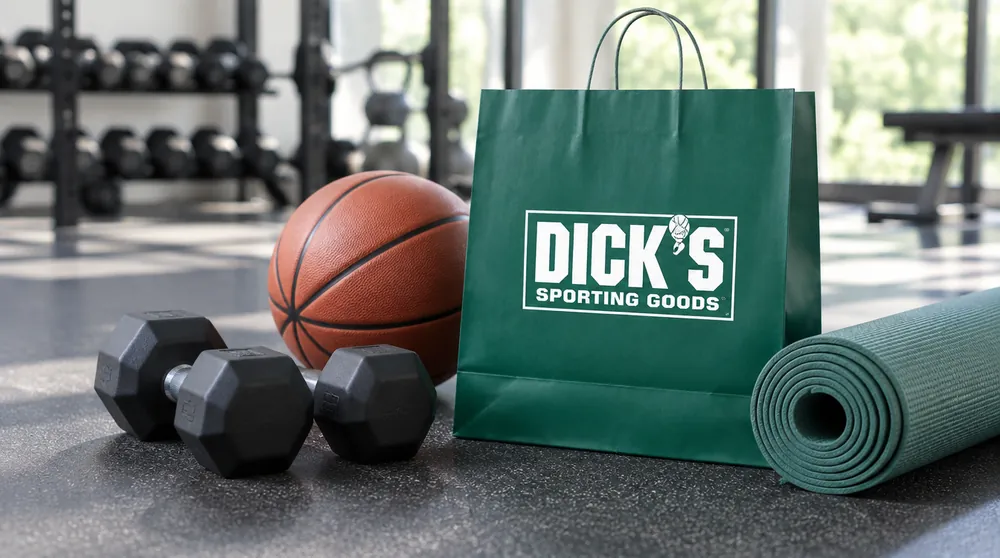 Мяч, гантели и коврик рядом с зелёным пакетом DICK’S Sporting Goods
