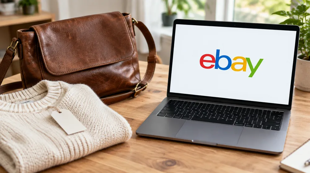 Сумка и свитер с бирками, на экране ноутбука логотип eBay