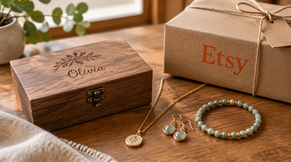 Гравированная шкатулка, украшения ручной работы и посылка Etsy