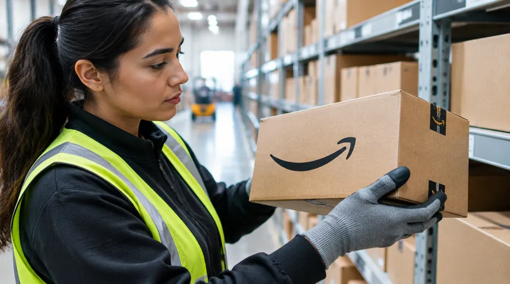 Сотрудник склада осматривает коробку Amazon перед отправкой