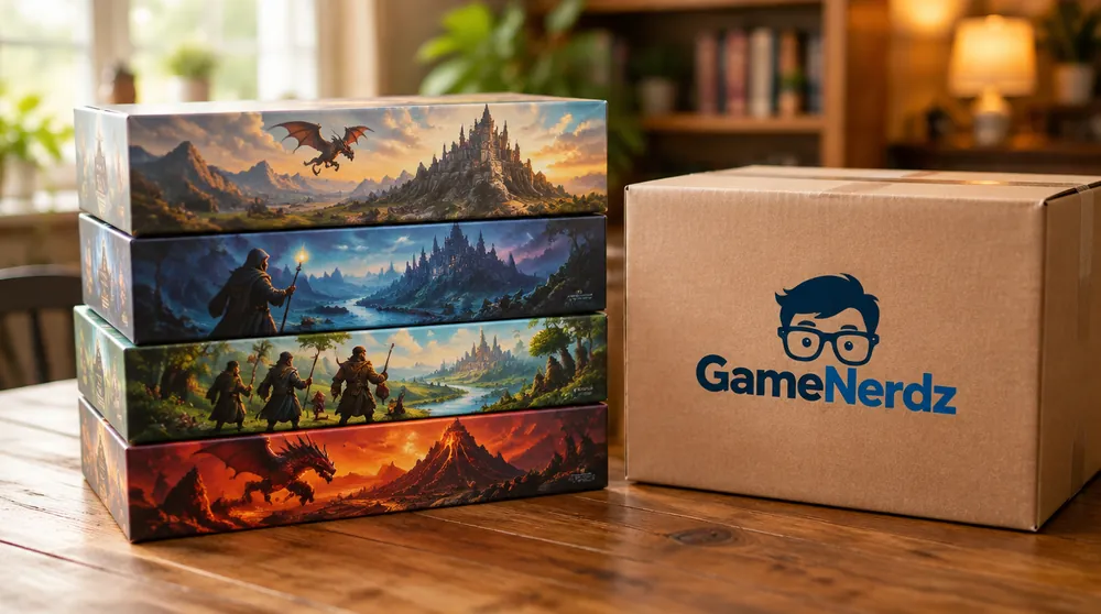 Коробки настольных игр рядом с посылкой GameNerdz