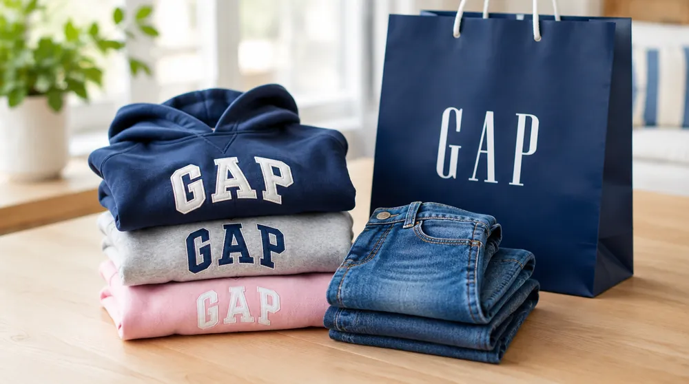 Детские худи и джинсы рядом с пакетом GAP
