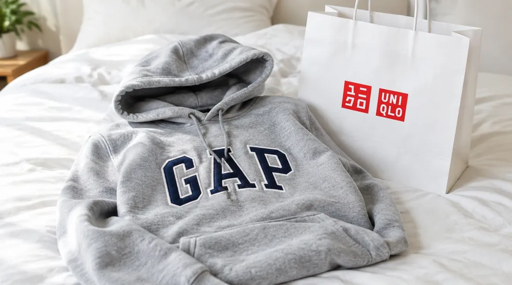 Серое худи GAP и белый пакет UNIQLO на светлой кровати