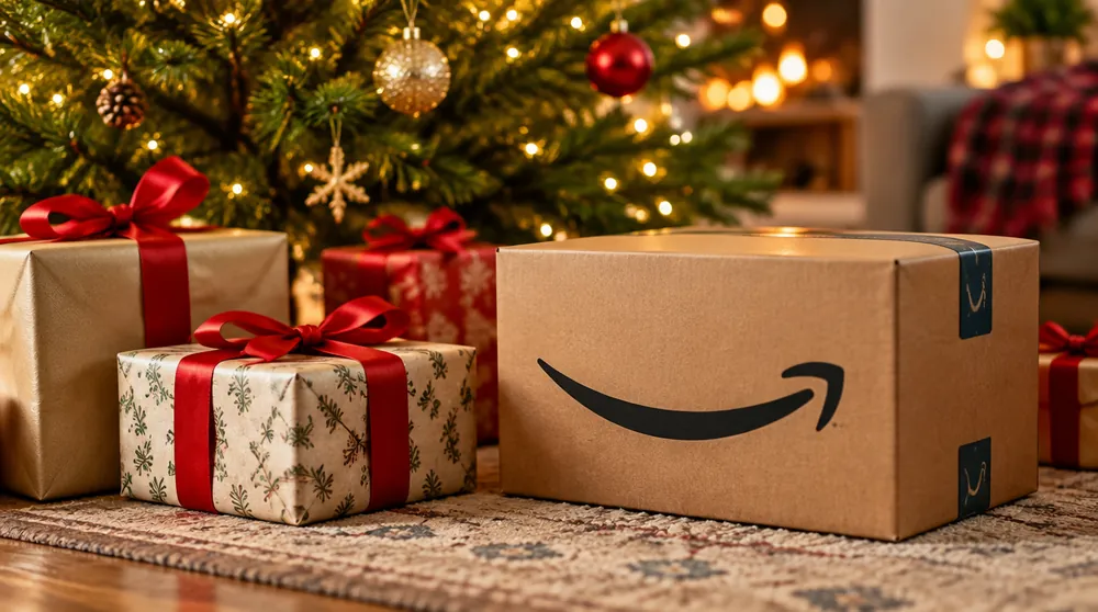 Подарки с красными лентами у ёлки рядом с коробкой Amazon