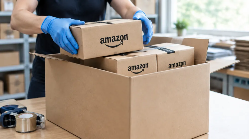 Сотрудник в перчатках собирает коробки Amazon в одну посылку