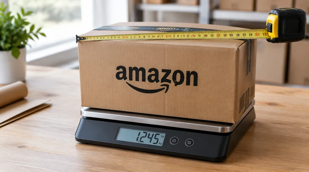 Коробка Amazon на весах для посылок, поперёк рулетка