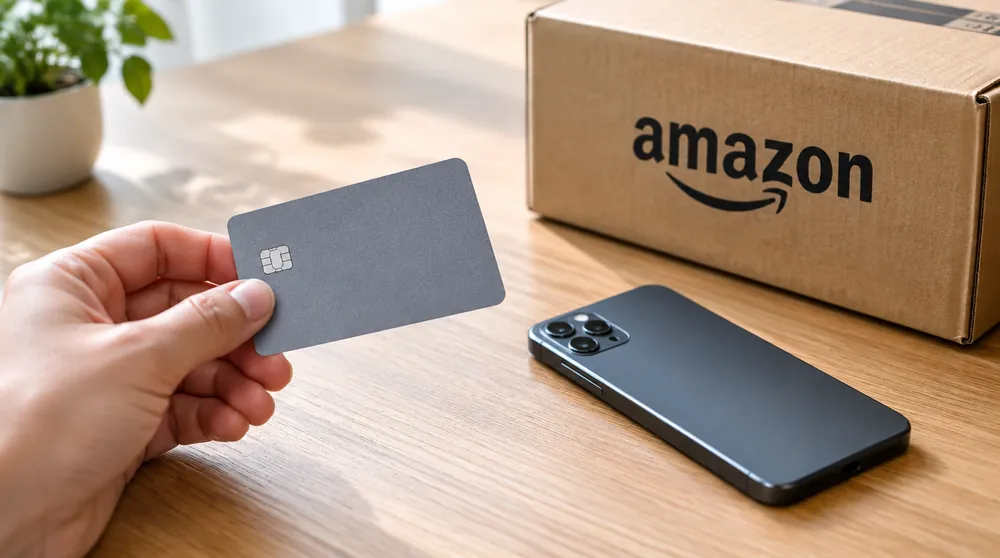 Банковская карта в руке и коробка Amazon на столе