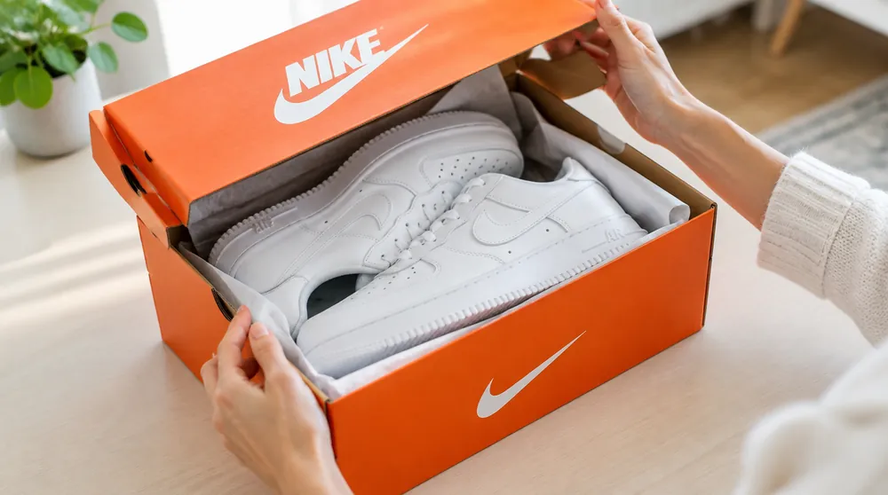 Руки открывают коробку Nike с белыми кроссовками