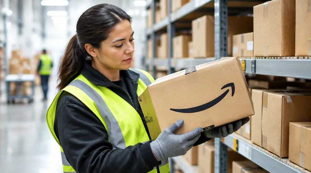 Сотрудник склада в США с коробкой Amazon в руках