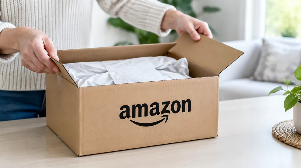 Руки открывают коробку Amazon дома
