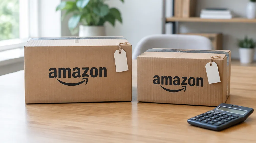 Две коробки Amazon разного размера с ценниками и калькулятор