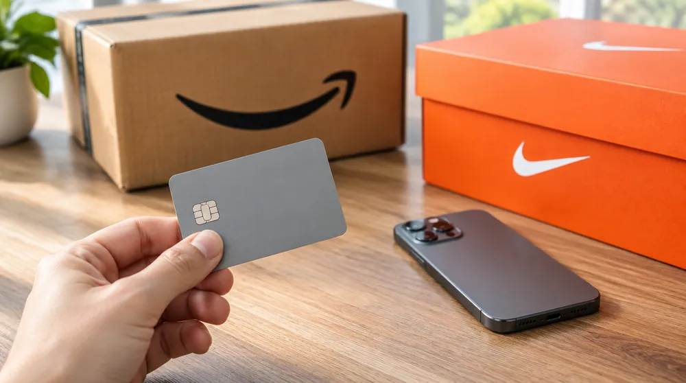 Карта в руке рядом с коробками Amazon и Nike